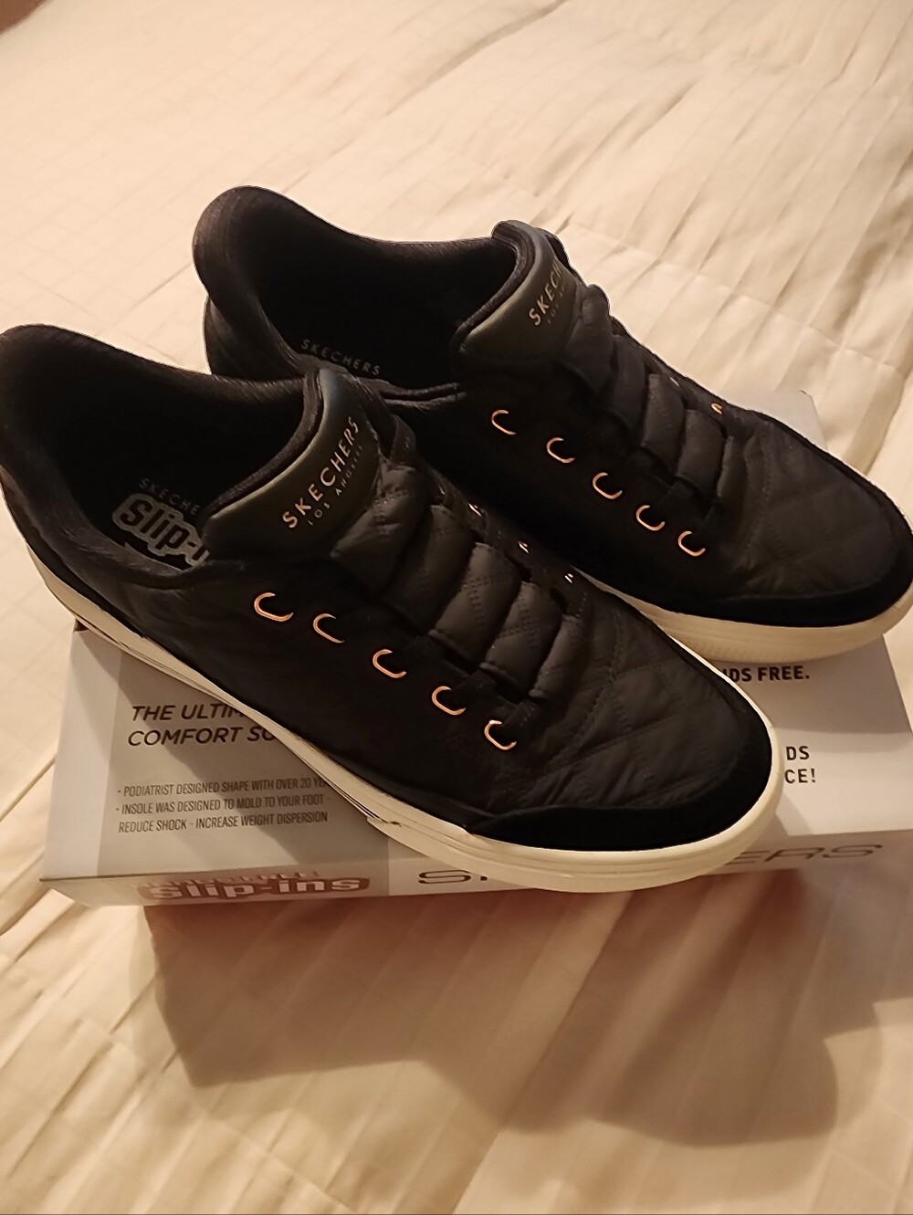 Skechers Black Quilted Slip-On Sneakers with Rose Gold Eyelets